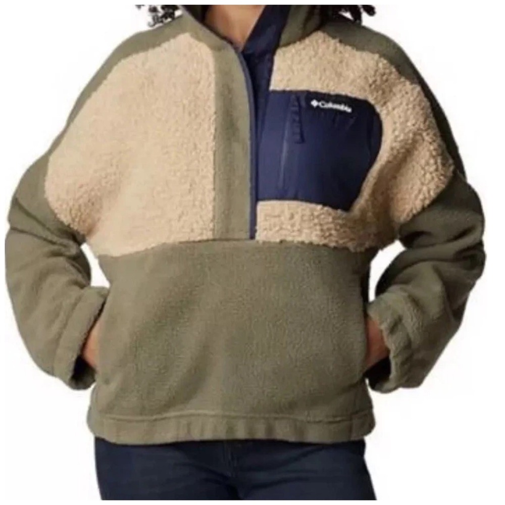 Columbia Women's Lodge Sherpa Pullover Colorblock Scheme Green Beige Blue Small